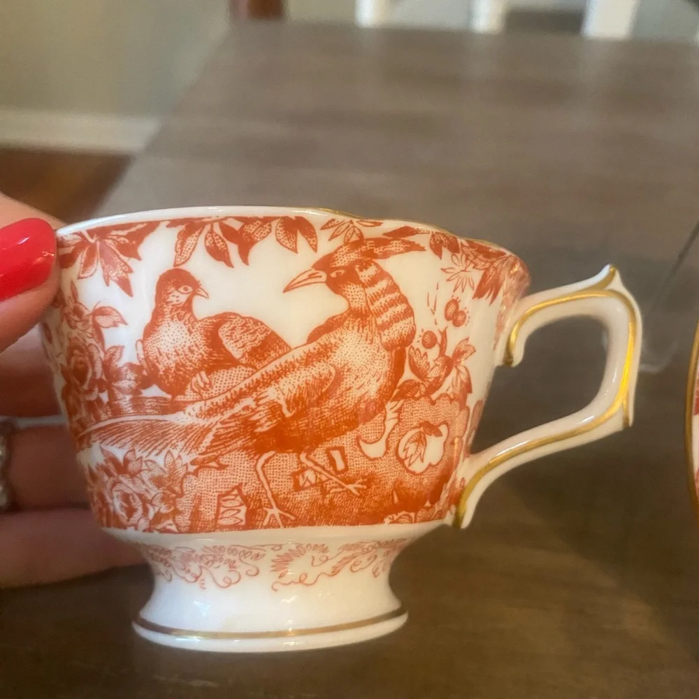 Vintage Royal Crown Derby Red Aves Teacup and Saucer